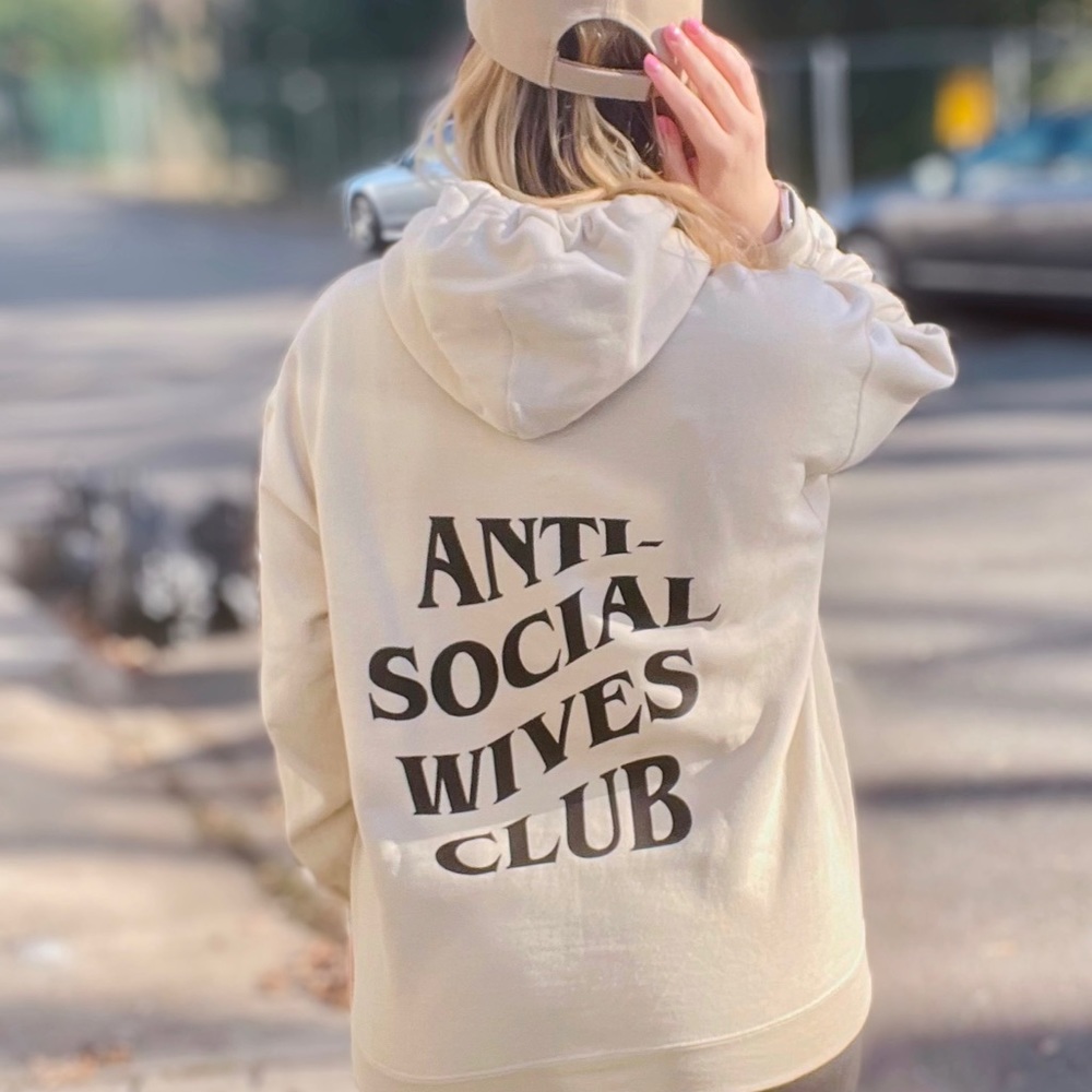 Antisocial wives club womens graphic hoodie pullover beige neutral